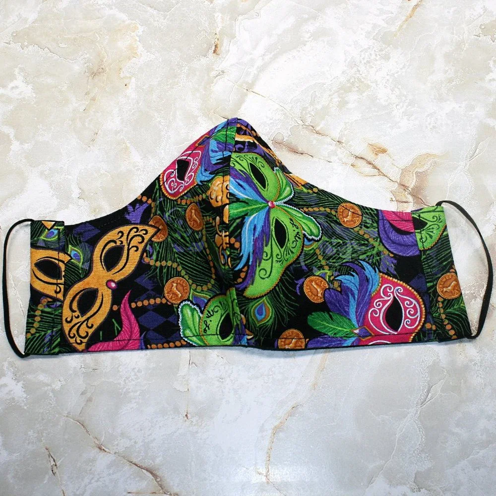 HAND CRAFTED Face Mask Mardi Gras Adult Cloth Fabric Print - Shield Style
